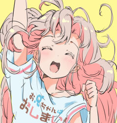 Rule 34 | 1girl, :d, ^ ^, ahoge, arm up, clenched hand, closed eyes, clothes writing, commentary, copyright name, eromanga sensei, facing viewer, highres, long hair, onii-chan wa oshimai!, open mouth, oyama mahiro, parody, pink hair, shirt, short sleeves, simple background, sketch, smile, solo, symbol-only commentary, t-shirt, tetesudeesu, white shirt, yellow background