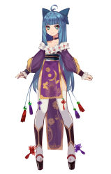 Rule 34 | 1girl, ahoge, blue eyes, blue hair, blunt bangs, bow, chinese knot, choker, collarbone, eyebrows, fang, fang out, floral print, frills, full body, hair bow, highres, leg warmers, long hair, looking at viewer, matching hair/eyes, obi, off shoulder, original, pelvic curtain, puffy sleeves, ryuuno6, sandals, sash, simple background, smile, solo, standing, star-shaped pupils, star (symbol), symbol-shaped pupils, tassel, thighhighs, very long hair, white background, white thighhighs