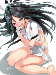 Rule 34 | 1girl, artist name, bare legs, barefoot, black hair, blue eyes, blush, breast press, breasts, crossed arms, dated, embarrassed, full body, gradient hair, green hair, hair ribbon, half-closed eyes, head tilt, highres, hip vent, kantai collection, katsuragi (kancolle), leaning forward, long hair, looking at viewer, miniskirt, multicolored hair, open mouth, pleated skirt, ponytail, ribbon, sitting, skirt, small breasts, solo, takase muh, tongue, wavy mouth, white background, white ribbon