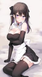 Rule 34 | 1girl, apron, arm under breasts, artist name, bare shoulders, black bow, black gloves, black thighhighs, blush, bow, breasts, brown hair, choker, cleavage, closed mouth, cowboy shot, detached collar, elbow gloves, frills, garter straps, gloves, hair between eyes, hair bow, hair ornament, hairclip, heart, heart necklace, highres, jewelry, kaetzchen, large breasts, long hair, looking at viewer, maid, maid apron, mole, mole under eye, necklace, original, purple eyes, signature, sitting, solo, thighhighs, thighs, twintails, yokozuwari, zettai ryouiki