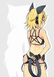 Rule 34 | 1girl, animal ears, arm at side, ass, bikini, black bikini, black gloves, black star (module), blonde hair, blue eyes, cat ears, cat tail, closed mouth, clothing cutout, collarbone, flat chest, from behind, gloves, hair ornament, hairclip, kagamine rin, kemonomimi mode, looking at viewer, nail polish, navel, negi (ulog&#039;be), profile, short hair, silhouette, solo, standing, stomach, swimsuit, tail, tail through clothes, tattoo, vocaloid, yellow nails