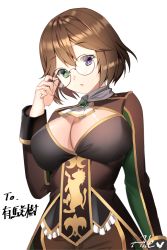 Rule 34 | 1girl, adjusting eyewear, aile (crossroads), artist name, ascot, bad id, bad pixiv id, black dress, breasts, brown hair, chestnut mouth, cleavage, cleavage cutout, clothing cutout, commission, dress, gem, gold trim, green eyes, hair between eyes, heterochromia, highres, large breasts, long sleeves, original, pixiv commission, purple eyes, round eyewear, short hair, signature, simple background, solo, upper body, white ascot, white background