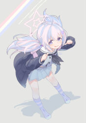 Rule 34 | 1girl, :q, ahoge, bag, black neckerchief, blue archive, blue hair, blue jacket, blue socks, blush, closed mouth, commentary request, grey background, grey shirt, grey skirt, hair bobbles, hair ornament, halo, jacket, leaning forward, light blue hair, long hair, miniskirt, neckerchief, pink bag, pink footwear, pink hair, pink halo, pink socks, pleated skirt, pointing, pointing at self, purple eyes, reisa (blue archive), sailor collar, sailor shirt, school bag, shirt, shoes, skirt, sneakers, socks, solo, standing, star (symbol), star hair ornament, star halo, striped clothes, striped socks, tautiki, tongue, tongue out, twintails, white sailor collar, white socks
