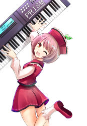 Rule 34 | 1girl, ;d, frilled hat, frilled socks, frills, from behind, hat, highres, kachuten, leg up, long hair, long sleeves, looking at viewer, lyrica prismriver, miniskirt, one eye closed, open mouth, pink footwear, pink hair, red eyes, red hat, red skirt, shirt, skirt, smile, socks, solo, touhou, white background, white shirt, white socks