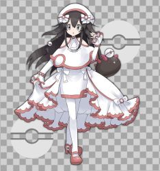 Rule 34 | 1girl, alternate costume, ascot, bare shoulders, black hair, bow, braid, checkered background, creatures (company), dress, female focus, full body, game freak, gen 7 pokemon, grey background, grey eyes, hair between eyes, hair bow, hair ornament, hand up, hat, jpeg artifacts, long hair, long sleeves, nail polish, namako plum, nintendo, official style, open mouth, pink eyes, plum (vtuber), plum no bouken note, poke ball, poke ball symbol, pokemon, pokemon (creature), premier ball, pyukumuku, red footwear, red nails, shoes, simple background, solo focus, standing, thighhighs, twin braids, two-tone background, virtual youtuber, white ascot, white bow, white dress, white headwear, white nails, white thighhighs
