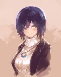 Rule 34 | 1girl, black jacket, blue hair, blush, bob cut, brown background, commentary, dot nose, highres, ito daka, jacket, jewelry, looking at viewer, necklace, nijisanji, pendant, ribbed sweater, shizuka rin, shizuka rin (6th costume), smirk, solo, sweater, turtleneck, turtleneck sweater, upper body, virtual youtuber, white sweater, winter clothes, yellow eyes