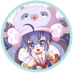 Rule 34 | 1girl, :3, :d, ahoge, animal hat, blue eyes, blue hair, blush, border, eel hat, fang, haruka nsn, hat, long sleeves, necktie, open mouth, otomachi una, otomachi una (sugar), paw hair ornament, puffy sleeves, round border, sailor collar, smile, solo, twintails, vocaloid
