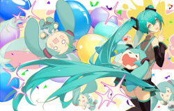 Rule 34 | 1girl, aqua eyes, aqua hair, backpack, bag, black skirt, black sleeves, black thighhighs, character bag, commentary, detached sleeves, english commentary, grey shirt, hatsune miku, head tilt, indai (3330425), long hair, looking at viewer, looking back, multicolored background, open mouth, pink background, pointing, pointing up, shirt, skirt, sleeveless, sleeveless shirt, smile, sparkle, speech bubble, splatter, thighhighs, twintails, very long hair, vocaloid, white background, yellow background