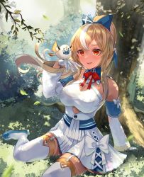 Rule 34 | 1girl, bird, bird on hand, blonde hair, blouse, blue bow, blue footwear, bow, bowtie, breasts, commentary request, dark-skinned female, dark skin, detached sleeves, elf, elfriend (shiranui flare), floating hair, garter straps, gloves, grass, hair between eyes, hair bow, highres, hololive, large breasts, leaf, long hair, long sleeves, looking at animal, multicolored hair, nature, outdoors, parted lips, pi tayuko, pointy ears, red bow, red bowtie, red eyes, shiranui flare, shiranui flare (1st costume), shirt, shoes, skirt, smile, solo, streaked hair, thighhighs, tree, very long hair, virtual youtuber, white gloves, white hair, white shirt, white skirt, white thighhighs