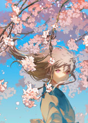 Rule 34 | 1girl, absurdres, blue sky, branch, brown hair, champi, cherry blossoms, falling petals, flower, hair between eyes, highres, long hair, looking at viewer, open mouth, original, parted lips, petals, pink eyes, pink flower, sky, solo, upper body, wind