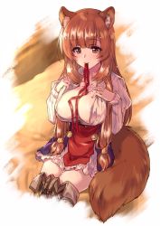 Rule 34 | 1girl, animal ear fluff, animal ears, blue skirt, boots, breasts, brown footwear, brown hair, chest tattoo, closed mouth, commentary request, frilled skirt, frills, high-waist skirt, kuroi mimei, large breasts, long hair, looking at viewer, mouth hold, multicolored clothes, multicolored skirt, open clothes, open shirt, opened by self, raccoon ears, raccoon girl, raccoon tail, raphtalia, red eyes, red ribbon, red skirt, ribbon, ribbon in mouth, sitting, skirt, slave tattoo, smile, solo, tail, tate no yuusha no nariagari, tattoo, thigh boots, thighhighs