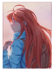Rule 34 | 1girl, absurdres, ahoge, backpack, bag, blue jacket, border, celeste (video game), chinese commentary, coat, commentary request, from behind, highres, jacket, long hair, madeline (celeste), profile, red eyes, red hair, solipsist, solo, upper body, white border, winter clothes, winter coat
