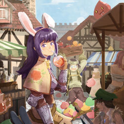 Rule 34 | + +, 2girls, 3boys, @ @, animal ears, apple, apple juice, awning, blacksmith (ragnarok online), blue sky, boots, brown capelet, brown dress, brown gloves, brown hair, brown pants, brown shirt, brown vest, building, cape, capelet, chest guard, closed mouth, commentary, cowboy shot, day, dress, drinking straw, drinking straw in mouth, drops (ragnarok online), fake animal ears, floral print, food, fruit, gauntlets, gloves, green headwear, jewelry, juice, leaf, long hair, long sleeves, looking at another, looking at viewer, lunacerra, mage (ragnarok online), market, market stall, merchant (ragnarok online), multiple boys, multiple girls, necklace, open mouth, orange (fruit), outdoors, pants, poporing, poring, purple eyes, purple hair, rabbit ears, ragnarok online, red apple, red hair, rose print, sarashi, shirt, short hair, sky, slime (creature), sura (ragnarok online), sword, swordsman (ragnarok online), vest, weapon, white cape, white shirt