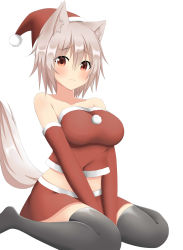 Rule 34 | 1girl, absurdres, animal ears, black thighhighs, blush, breasts, collarbone, female focus, hat, highres, inubashiri momiji, kouyadoufu dx, large breasts, looking at viewer, midriff, red eyes, santa costume, santa hat, short hair, silver hair, simple background, sitting, skirt, solo, tail, thighhighs, touhou, white background, wolf ears, wolf tail