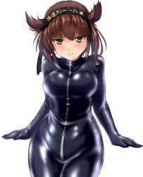 Rule 34 | 1girl, alternate costume, anchor symbol, arm support, black bodysuit, blush, bodysuit, breasts, brown hair, closed mouth, collarbone, cowboy shot, green eyes, hachimaki, hair between eyes, hair flaps, hairband, hatsuzuki (kancolle), headband, highres, kantai collection, large breasts, lips, looking at viewer, shiny clothes, short hair, simple background, smile, solo, standing, turtleneck, white background, zanntetu, zipper