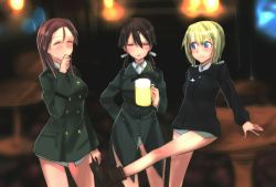Rule 34 | 3girls, alcohol, ankle boots, aohashi ame, arm support, beer, beer mug, black footwear, black jacket, blonde hair, blue eyes, boots, brown hair, closed mouth, commentary request, covering own mouth, cowboy shot, cup, dress shirt, erica hartmann, gertrud barkhorn, green jacket, hair over shoulder, hair ribbon, hand on own hip, hand over own mouth, holding, indoors, jacket, laughing, leaning back, leg up, long hair, long sleeves, looking at another, military, military uniform, minna-dietlinde wilcke, mug, multiple girls, no pants, parted lips, ribbon, shirt, short hair, sigh, sitting, smile, standing, strike witches, table, twintails, uniform, white ribbon, white shirt, world witches series
