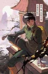 Rule 34 | 1boy, absurdres, backpack, bag, black hair, closed mouth, gaozijie422, highres, mountain, naruto (series), naruto shippuuden, rock lee, sitting, solo, sun, translation request, tree, twitter username, yellow bag