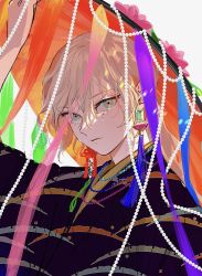 Rule 34 | 1boy, arm up, blonde hair, chain, closed mouth, crying, crying with eyes open, earrings, hair between eyes, head tilt, highres, jewelry, kazari tayu, lens flare, light rays, looking at viewer, male focus, necklace, original, short hair, solo, sunbeam, sunlight, tassel, tassel earrings, tears, upper body, wavy hair, white background