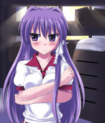 Rule 34 | 00s, 1girl, breast press, breasts, clannad, collared shirt, covering privates, covering breasts, crossed arms, embarrassed, eyebrows, fujibayashi kyou, gym storeroom, gym uniform, indoors, jun (aoerm), long hair, looking away, looking to the side, medium breasts, parted lips, purple eyes, purple hair, shirt, short sleeves, solo, upper body, very long hair, white shirt