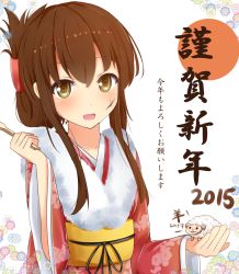 Rule 34 | 10s, 1girl, 2015, breasts, cuon (kuon), drawing on another&#039;s face, facepaint, folded ponytail, fur, hagoita, highres, inazuma (kancolle), japanese clothes, kantai collection, kimono, long hair, looking at viewer, new year, obi, paddle, sash, sheep, smile, solo, upper body, yellow eyes
