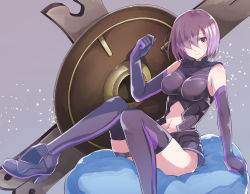 Rule 34 | 1girl, arm support, armor, armored dress, bare shoulders, black gloves, black thighhighs, boots, breasts, cleavage, closed mouth, clothing cutout, elbow gloves, fate/grand order, fate (series), gloves, grey background, hair over one eye, hand up, highres, knees together feet apart, looking to the side, mash kyrielight, navel, navel cutout, nei (etc), pillow, purple eyes, purple hair, shield, short hair, simple background, sitting, smile, solo, thigh strap, thighhighs, thighs