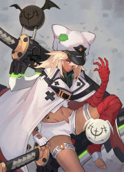 Rule 34 | 1girl, absurdres, bandaged arm, bandages, bat wings, blonde hair, cape, clover, dark-skinned female, dark skin, four-leaf clover, guilty gear, guilty gear strive, hat, highres, lucifero (guilty gear), luzzeo00, medium hair, midriff, military hat, ramlethal valentine, white cape, white headwear, wings