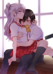 Rule 34 | 1boy, 1girl, arm around neck, arm at side, arms around waist, backlighting, black hair, black socks, blue eyes, blurry, blurry background, blush, bow, brown eyes, charlotte (anime), commentary request, couple, feet out of frame, foot out of frame, grey hair, hair between eyes, half-closed eyes, hetero, hoshinoumi academy school uniform, hug, indoors, kneehighs, knees up, long hair, looking at another, looking at viewer, misaki juri, no shoes, otosaka yuu, parted lips, pleated skirt, profile, red sailor collar, red skirt, sailor collar, school uniform, serafuku, shirt, sidelocks, sitting, sitting on lap, sitting on person, skirt, socks, tomori nao, two side up, wavy hair, white shirt, window, yellow bow