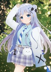 Rule 34 | 1girl, absurdres, animal hood, arm behind back, arm up, belt, black bow, blue eyes, blue hair, blue jacket, blue shirt, blue skirt, blurry, bokeh, bow, chess piece, closed mouth, collared shirt, commentary request, depth of field, drawstring, dress shirt, gochuumon wa usagi desu ka?, hair bow, hair bun, hair ornament, hairclip, highres, holding charm, hood, hood down, hooded jacket, jacket, kafuu chino, king (chess), long hair, long sleeves, looking at viewer, miniskirt, nervous smile, plaid, plaid skirt, pleated skirt, queen (chess), rabbit hair ornament, rabbit hood, shirt, sidelocks, single side bun, skirt, sleeves past wrists, smile, solo, two-sided fabric, two-sided jacket, unfinished, white belt, white jacket, white skirt, x hair ornament, yutuki ame