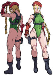 Rule 34 | 1girl, absurdres, ass, back, bare legs, bare shoulders, beret, blonde hair, blue eyes, boots, braid, cammy white, capcom, closed mouth, collarbone, covered collarbone, covered navel, elbow gloves, fingerless gloves, gloves, green leotard, grey footwear, hair between eyes, hat, highleg, highleg leotard, highres, huge ass, leotard, light blue eyes, lips, long hair, looking at viewer, multiple views, muscular, muscular female, pink lips, pouch, red headwear, simple background, standing, street fighter, thigh pouch, thigh strap, thong leotard, turtleneck, twin braids, urewe fubu, very long hair, white background, wide hips