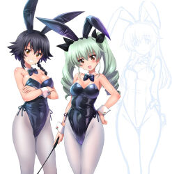 Rule 34 | 3girls, anchovy (girls und panzer), animal ears, bare shoulders, black bow, black hair, black leotard, bow, braid, breasts, brown eyes, carpaccio (girls und panzer), cleavage, collar, crossed arms, curvy, detached collar, drill hair, fake animal ears, girls und panzer, gradient background, green eyes, green hair, grin, hand on own hip, high heels, highleg, highleg leotard, holding, holding riding crop, kamogawa tanuki, large breasts, legs, leotard, long hair, looking at viewer, medium breasts, multiple girls, open mouth, pantyhose, pepperoni (girls und panzer), playboy bunny, rabbit ears, riding crop, shiny clothes, shiny skin, short hair, simple background, sketch, smile, teeth, twin drills, twintails, white background, white pantyhose, wide hips, wrist cuffs