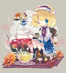 Rule 34 | 1girl, alice margatroid, blonde hair, blue dress, blue eyes, boots, bow, capelet, chibi, commentary request, cup, doily, dress, fairy wings, floral print, flower, food, frilled dress, frilled hairband, frills, fruit, full body, glass teapot, grey background, grey footwear, hair bow, hairband, highres, holding, holding cup, holding flower, knee boots, lemon, lemon slice, long sleeves, nikorashi-ka, on chair, one eye closed, oversized object, red bow, red hairband, red neckwear, rose print, shanghai doll, shirt, short hair, sitting, smile, solo, steam, teapot, touhou, white shirt, wings, yunomi
