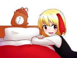 Rule 34 | 1girl, arm rest, bed, blonde hair, blurry, clock, crossed arms, depth of field, hair ribbon, kameyan, long sleeves, looking at viewer, mystia lorelei, mystia lorelei (bird), open mouth, pillow, red eyes, ribbon, rumia, short hair, simple background, solo, touhou, upper body, vest