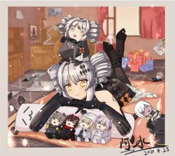 Rule 34 | 1girl, a shui, bedroom, bianca: zero (punishing: gray raven), bianca (punishing: gray raven), black dress, character doll, closed mouth, desk, dress, drill hair, gift, grey hair, hair ornament, highres, karenina: blast (punishing: gray raven), karenina: ember (punishing: gray raven), karenina: scire (punishing: gray raven), karenina (punishing: gray raven), lee: palefire (punishing: gray raven), lee (punishing: gray raven), liv: eclipse (punishing: gray raven), liv (punishing: gray raven), lucia: lotus (punishing: gray raven), lucia (punishing: gray raven), lying, mechanical arms, mechanical legs, nanami: storm (punishing: gray raven), nanami (punishing: gray raven), on bed, punishing: gray raven, sidelocks, solo, stuffed toy, twin drills, unworn dress, yellow eyes