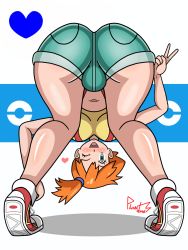 Rule 34 | 1girl, ass, ass focus, bent over, blue shorts, blush, body blush, breasts, cameltoe, creatures (company), denim, denim shorts, female focus, game freak, green eyes, hand on own leg, heart, highres, large breasts, legs, lips, misty (pokemon), navel, nintendo, one eye closed, orange hair, phantamos, pokeball symbol, pokemon, pokemon (anime), pokemon (classic anime), shadow, shiny skin, shoes, short hair, short ponytail, short shorts, shorts, side ponytail, smile, sneakers, solo, standing, tank top, thick thighs, thighs, tongue, v, view between legs, white background, wink