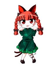 Rule 34 | 0-den, 1girl, absurdres, animal ears, bair bow, black footwear, black ribbon, blunt bangs, blunt ends, blush stickers, bow, braid, breasts, brown bow, cat ears, cat tail, chibi, commentary request, dress, extra ears, footwear bow, frills, full body, green dress, hair ribbon, hands up, highres, kaenbyou rin, knees together feet apart, leg ribbon, long sleeves, looking at viewer, multiple tails, nekomata, paw pose, red eyes, red hair, ribbon, simple background, small breasts, solo, standing, tail, touhou, tress ribbon, twin braids, twintails, two tails, white background