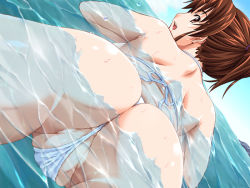 Rule 34 | 1girl, :d, ass, ass focus, back, bikini, breasts, brown eyes, brown hair, cameltoe, cloud, day, dutch angle, fat mons, from behind, kitahara kimiko, large breasts, looking at viewer, looking back, lying, mame, mature female, mousugu natsuyasumi!, on stomach, open mouth, outdoors, partially visible vulva, ponytail, scrunchie, short hair, sideboob, sky, smile, solo, submerged, swimsuit, teacher, thong bikini, water, wedgie, white bikini