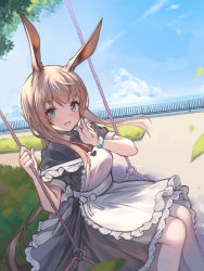 Rule 34 | 1girl, :d, absurdres, alternate costume, amiya (arknights), animal ears, apron, arknights, baiiya, black dress, blue sky, blush, brown hair, cloud, commentary request, day, dress, enmaided, feet out of frame, frilled apron, frills, hand on own cheek, hand on own face, highres, horizon, leaf, long hair, maid, motion blur, neck ribbon, o-ring, ocean, open mouth, outdoors, pantyhose, rabbit ears, rabbit girl, railing, red ribbon, ribbon, short sleeves, sidelocks, sitting, sky, smile, solo, strap slip, swing, water, white apron, white pantyhose, white ribbon