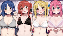 Rule 34 | 4girls, :d, ahoge, bed sheet, black bra, black skirt, blonde hair, blue eyes, blue hair, blush, bocchi the rock!, bra, brand name imitation, breasts, cellphone, cleavage, closed mouth, clothes writing, collarbone, commentary request, cube hair ornament, ear piercing, furrowed brow, gotoh hitori, green eyes, grey bra, guitar, hair between eyes, hair ornament, holding, holding phone, ijichi nijika, instrument, kita ikuyo, lace, lace-trimmed bra, lace trim, large breasts, long hair, looking at viewer, lying, medium breasts, mole, mole under eye, multiple girls, navel, on back, on bed, one side up, open mouth, phone, piercing, pillow, pink hair, red eyes, red hair, rouka (akatyann), shirt, short hair, side ponytail, skirt, smartphone, smile, sweat, under armour, underwear, unworn shirt, unworn skirt, upper body, v, wavy mouth, white bra, white shirt, yamada ryo, yellow eyes