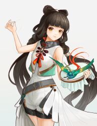 Rule 34 | 1girl, absurdres, ahong, belt, bird, black hair, bow-shaped hair, brown eyes, chanzhi (neural cloud), chinese clothes, embroidery, embroidery hoop, girls&#039; frontline neural cloud, highres, instrument, long hair, looking at viewer, low-tied long hair, shorts, smile, solo, string, very long hair, white background