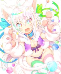 Rule 34 | 1girl, ahoge, animal ear fluff, animal ears, animal hands, blush, breasts, candy, cat ears, cat paws, chromatic aberration, cleavage, collar, food, green thighhighs, large breasts, lollipop, looking at viewer, mofuaki, multicolored eyes, navel, open mouth, original, pink thighhighs, rainbow eyes, sitting, smile, solo, striped clothes, striped thighhighs, thighhighs, wariza, white hair, white thighhighs