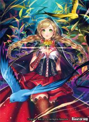 Rule 34 | 1girl, bird, blonde hair, bow, bowtie, braid, breasts, cape, cleavage, company name, feathered wings, flower, force of will, green eyes, hood, leaf, little red riding hood (force of will), long hair, matsurika youko, official art, rose, solo, sparkle, thighhighs, wings