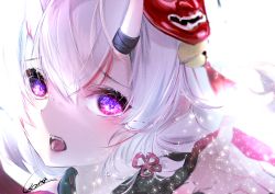 Rule 34 | 1girl, absurdres, close-up, fangs, highres, hololive, horns, long hair, looking at viewer, mask, mask on head, multicolored hair, nakiri ayame, nakiri ayame (1st costume), oni, oni mask, open mouth, portrait, purple eyes, red hair, skin-covered horns, solo, streaked hair, urotare, virtual youtuber, white hair