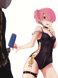 Rule 34 | 1boy, 1girl, absurdres, alternate costume, alternate hairstyle, bare arms, black collar, black jacket, black one-piece swimsuit, black pants, breasts, casual one-piece swimsuit, collar, collarbone, commission, food, front zipper swimsuit, hair between eyes, hand in pocket, highres, jacket, long sleeves, meme attire, natsuki subaru, one-piece swimsuit, one side up, open mouth, pants, pink hair, pixiv commission, popsicle, psyto qy2, ram (re:zero), re:zero kara hajimeru isekai seikatsu, red eyes, ribbon, sexually suggestive, short hair, simple background, skindentation, small breasts, strap slip, swimsuit, thigh strap, white background, yellow ribbon