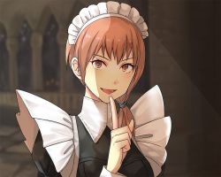 Rule 34 | 1girl, aged up, alternate costume, anzk232, enmaided, female focus, finger to mouth, fire emblem, fire emblem: three houses, index finger raised, leonie pinelli, looking at viewer, maid, maid headdress, matching hair/eyes, nintendo, open mouth, orange eyes, orange hair, short hair, side ponytail