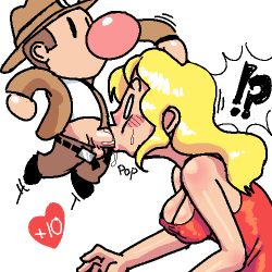 Rule 34 | !?, 1boy, 1girl, aliasing, bare shoulders, belt, big nose, black belt, blonde hair, blush, breasts, brown hair, brown headwear, brown jacket, brown neckwear, brown pants, classic guy, cleavage, damsel (spelunky), deepthroat, dress, fellatio, guy spelunky, hat, heart, hetero, irrumatio, jacket, jumping, long hair, lowres, medium breasts, motion lines, noill, o o, oekaki, oral, pants, penis, red dress, saliva, shirt, simple background, size difference, solid oval eyes, spelunky, surprised, uncensored, upper body, white background, white shirt