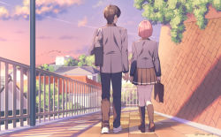 Rule 34 | 1boy, 1girl, arm at side, arms at sides, bag, black hair, black pants, black skirt, blazer, bob cut, briefcase, brown footwear, building, contrail, facing to the side, from behind, highres, holding, holding bag, imminent hand holding, jacket, kazama ryouta, kneehighs, loafers, long sleeves, miniskirt, outdoors, pants, pink hair, plant, pleated skirt, protagonist (tokimemo gs4), railing, retaining wall, road, school bag, school uniform, shoes, short hair, skirt, sky, socks, tokimeki memorial, tokimeki memorial girl&#039;s side 4th heart, ttnk gc19, twilight, walking, white footwear, wide shot