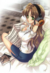 Rule 34 | 1girl, absurdres, bass clef, bra, breasts, brown hair, cd, cleavage, downblouse, covered erect nipples, frederic chopin, from above, grado labs, green eyes, headphones, highres, large breasts, lingerie, listening to music, long hair, looking at viewer, malino (dream maker), musical note, nail polish, pencil skirt, pillow, pink nails, quaver, quaver rest, real life, real life insert, sharp sign, sheet music, shirt, side slit, signature, sitting, skirt, solo, treble clef, underwear