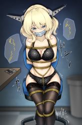 Rule 34 | 1girl, arms behind back, bdsm, black bra, black panties, black thighhighs, blonde hair, blue eyes, bondage, bound, bound arms, bound legs, bra, braid, breast bondage, breasts, chair, colorado (kancolle), crotch rope, gag, gagged, headgear, highres, improvised gag, kantai collection, large breasts, navel, nkgw, office chair, panties, shibari, shibari over clothes, short hair, side braids, sitting, solo, swivel chair, tape, tape gag, thighhighs, underwear, underwear only