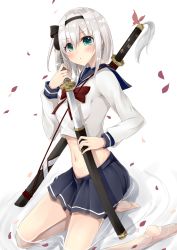 Rule 34 | 1girl, :o, alternate costume, black ribbon, blue sailor collar, blue skirt, blush, bow, bowtie, breasts, commentary request, eyelashes, glint, green eyes, hair between eyes, hair ribbon, highres, holding, holding sheath, holding sword, holding weapon, katana, kneeling, konpaku youmu, long sleeves, looking at viewer, medium breasts, midriff, miniskirt, navel, petals, petals on liquid, pleated skirt, red bow, red bowtie, ribbon, sailor collar, sakuramochi usa, school uniform, serafuku, sheath, sheathed, shiny skin, short hair, silver hair, simple background, skirt, solo, stomach, strap, sword, tassel, thighs, toes, touhou, unsheathing, wading, water, weapon, white background