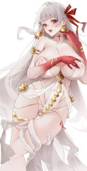 Rule 34 | 1girl, armlet, bare shoulders, belly chain, body markings, bracelet, breasts, colored skin, dress, durga (fate), fate/grand order, fate (series), gradient skin, hair ribbon, hand up, highres, huge breasts, indian clothes, jewelry, long hair, looking at viewer, open mouth, pelvic curtain, red eyes, red ribbon, red skin, revealing clothes, ribbon, simple background, snake, solo, thumb ring, very long hair, white background, white dress, white hair, zhudouzi